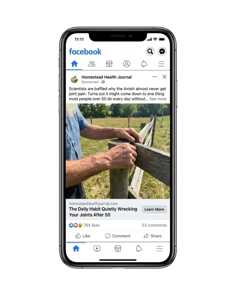 Facebook ad example: Scientists are baffled why the Amish almost never get joint pain