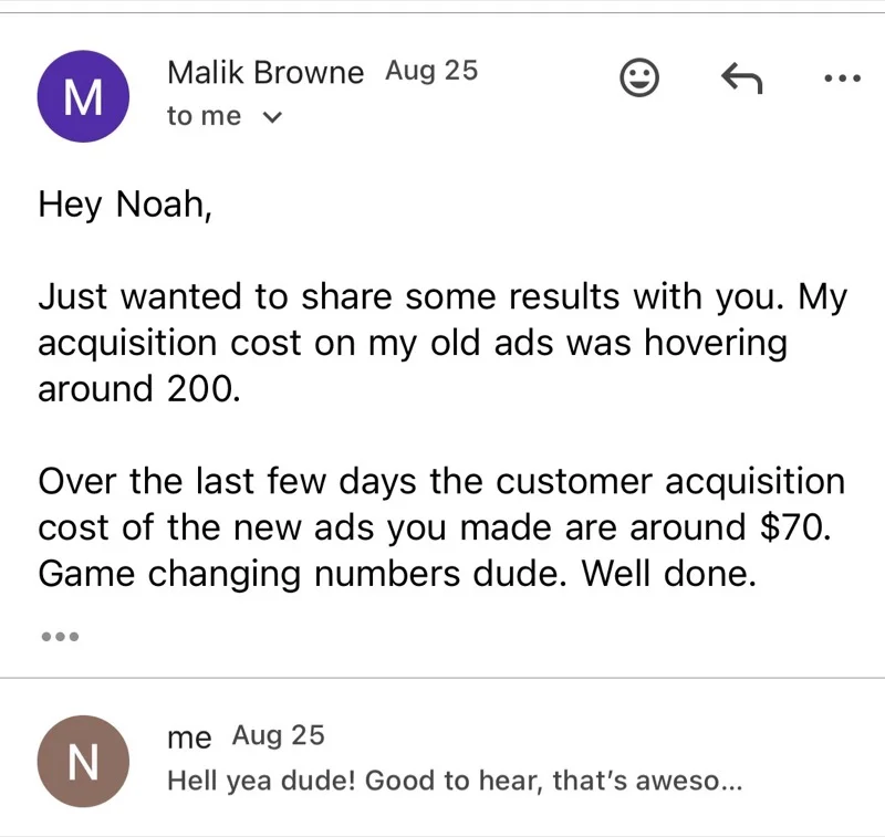 Email from Malik Browne: CAC dropped from $200 to $70